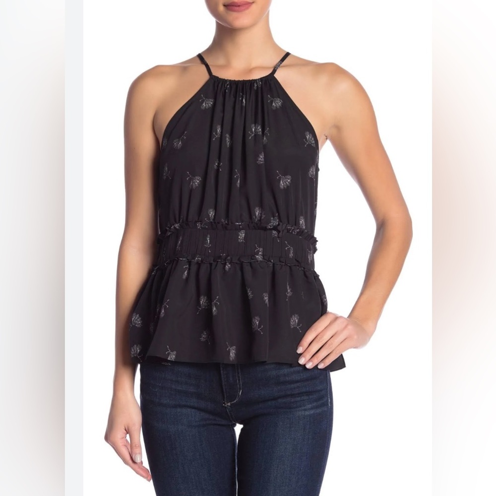 Joie Shawnette Silk Crepe Ruched Ruffle Keyhole Blouse Large